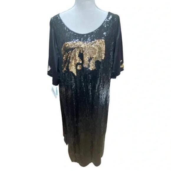 Vintage Black Sequin Elephant Dress – 80s/90s Batwing Midi Kaftan, Gold Sequin - Picture 3 of 9